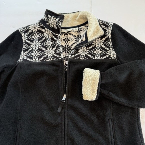 LL Bean Black White Fair Isle Full Zip Sweater Fleece Jacket Pockets Size SMALL - Picture 3 of 11